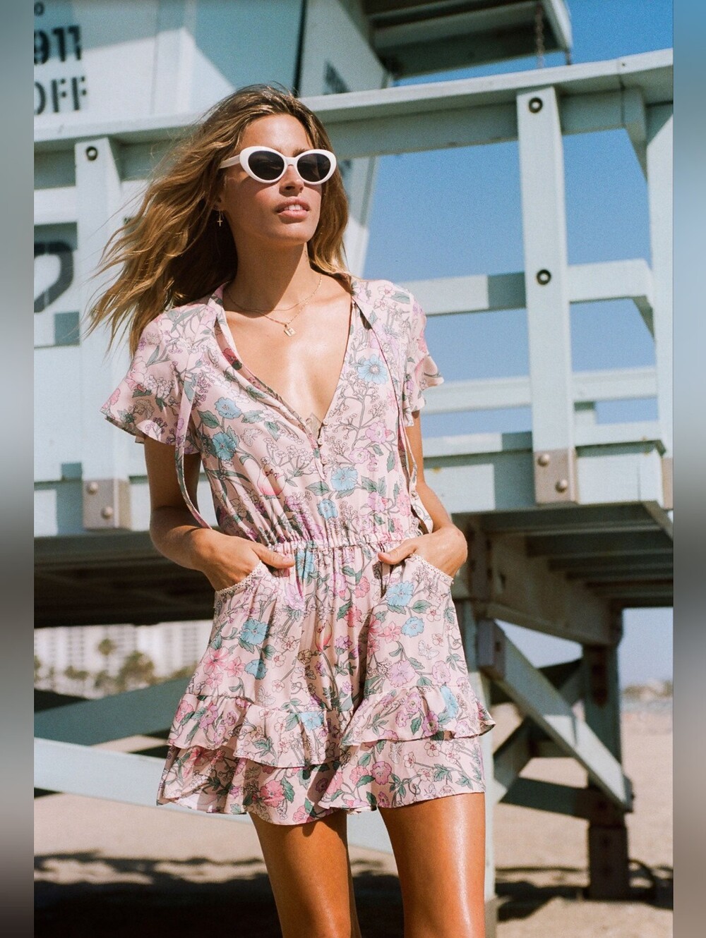 SPELL & The Gypsy Collective Pink Floral Mini Dress Small Boho V-Neck Ruffle